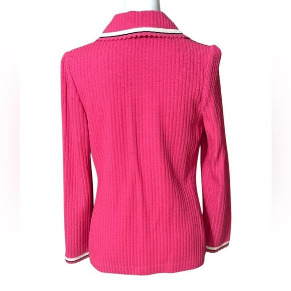 St. John Collection Pink Zip Front Sweater Knit Cardigan with Black Trim Sz 4 - Picture 9 of 16